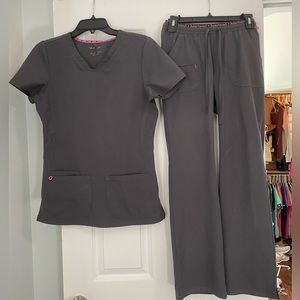 HeartSoul Women’s gray scrubs. Top size small, bottoms size XS.